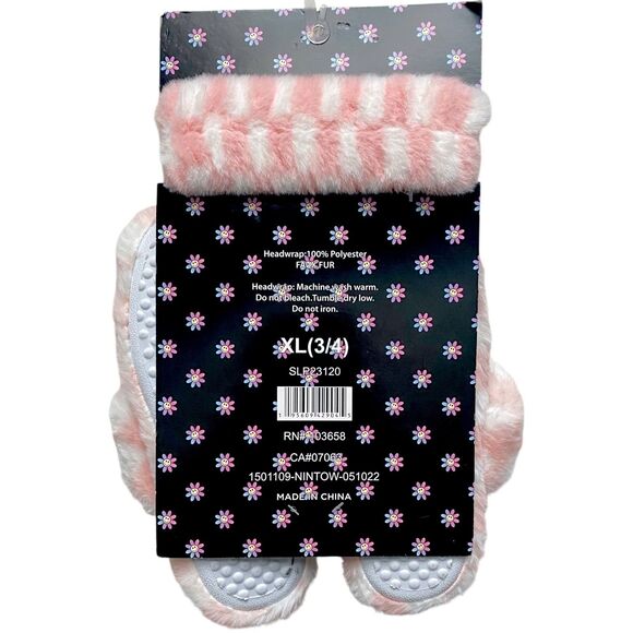 Girls Plush Slippers Flip Flops Headband Head Wrap Set Pink White Size XL 3-4 - Picture 2 of 2